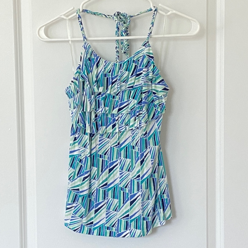 2/$20 Banana Republic Blue Geometric Halter top with built in bralette, size XS